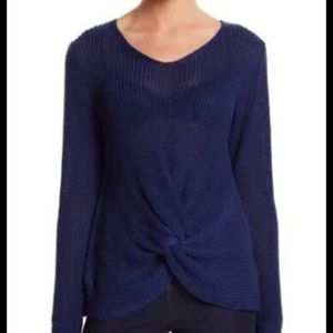 Woven Heart Women XL Blue Sweater V-Neck Front Twist Knot Loose Knit Long Sleeve